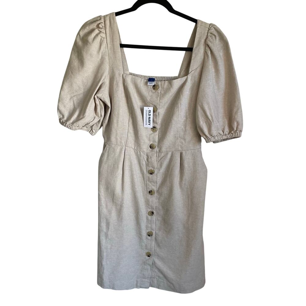 Old Navy NWT Puff Sleeve Mini Dress Sz S Linen Blend Pockets Tan Neutral Flirty